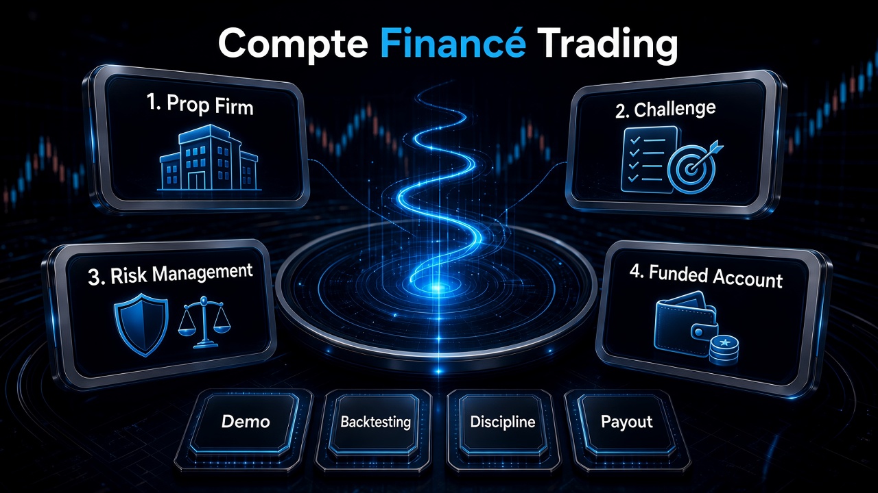 Compte financé trading : Prop Firm Challenge, Risk Management, Demo, Backtesting et Funded Account.