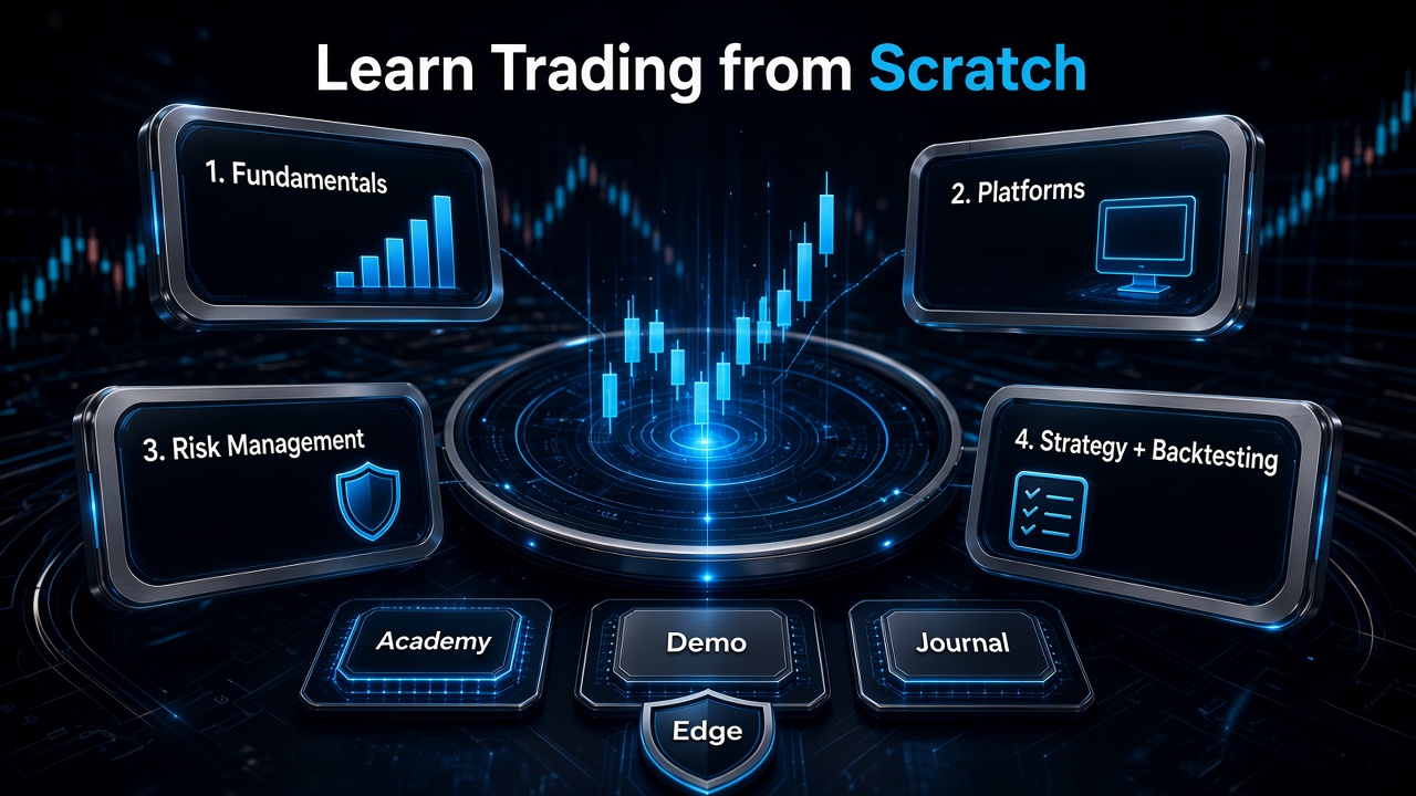 How to learn trading from scratch: fundamentals, platforms, Risk Management, Market Structure, strategy, Backtesting, and journaling.